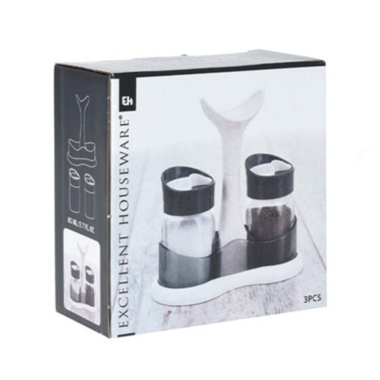 Salt & Pepper Shaker With Holder (Set of 3 Pcs)