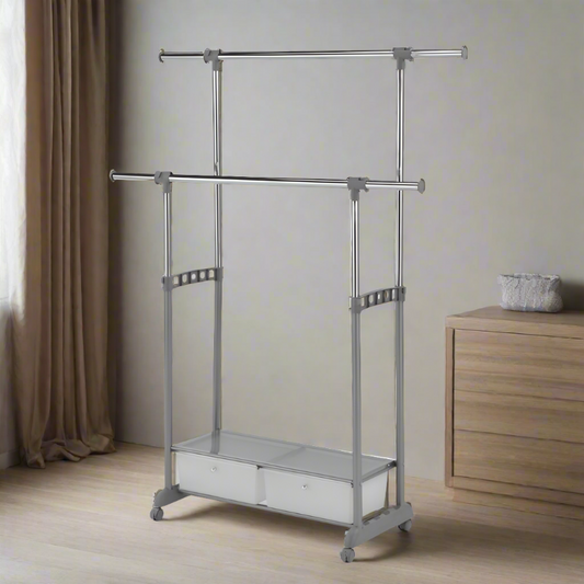 Extendable Double Garment Rack With Duo PP Drawers