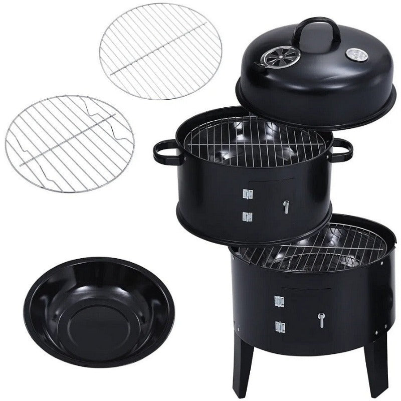 Charcoal BBQ Smoker Grill With Chimney Black